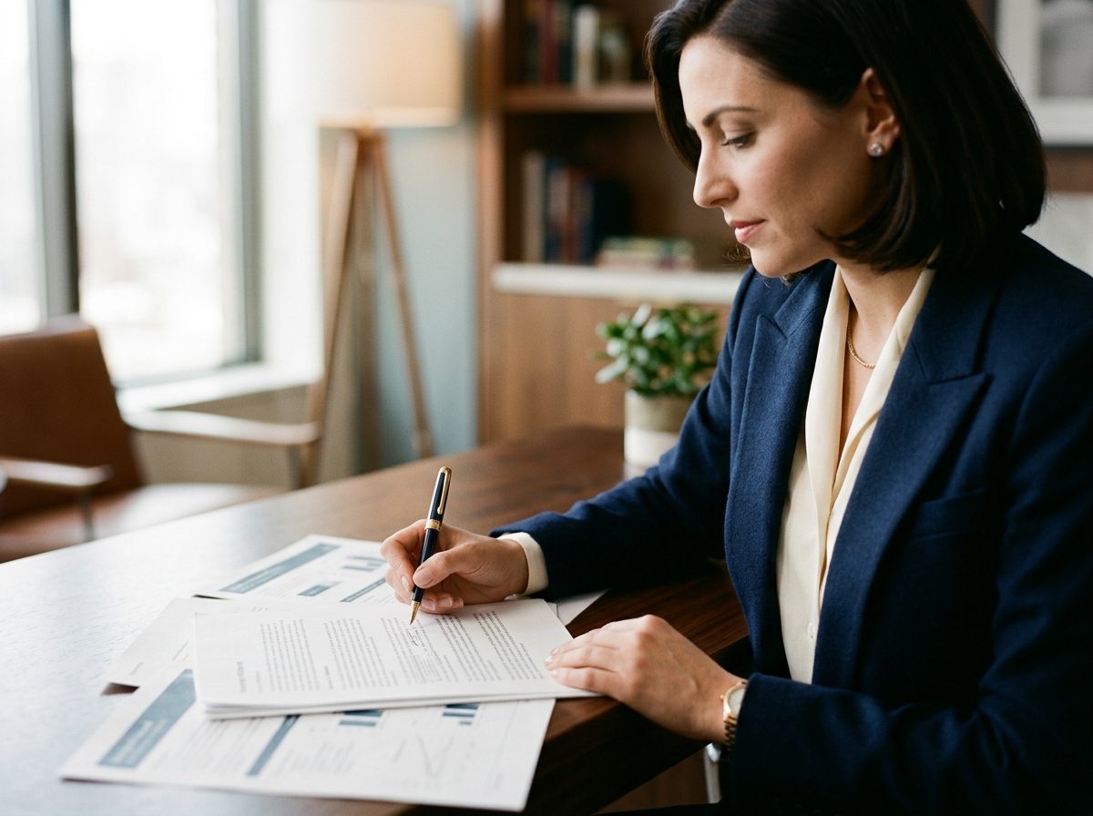 A professional carefully reviewing a drafted response before approval